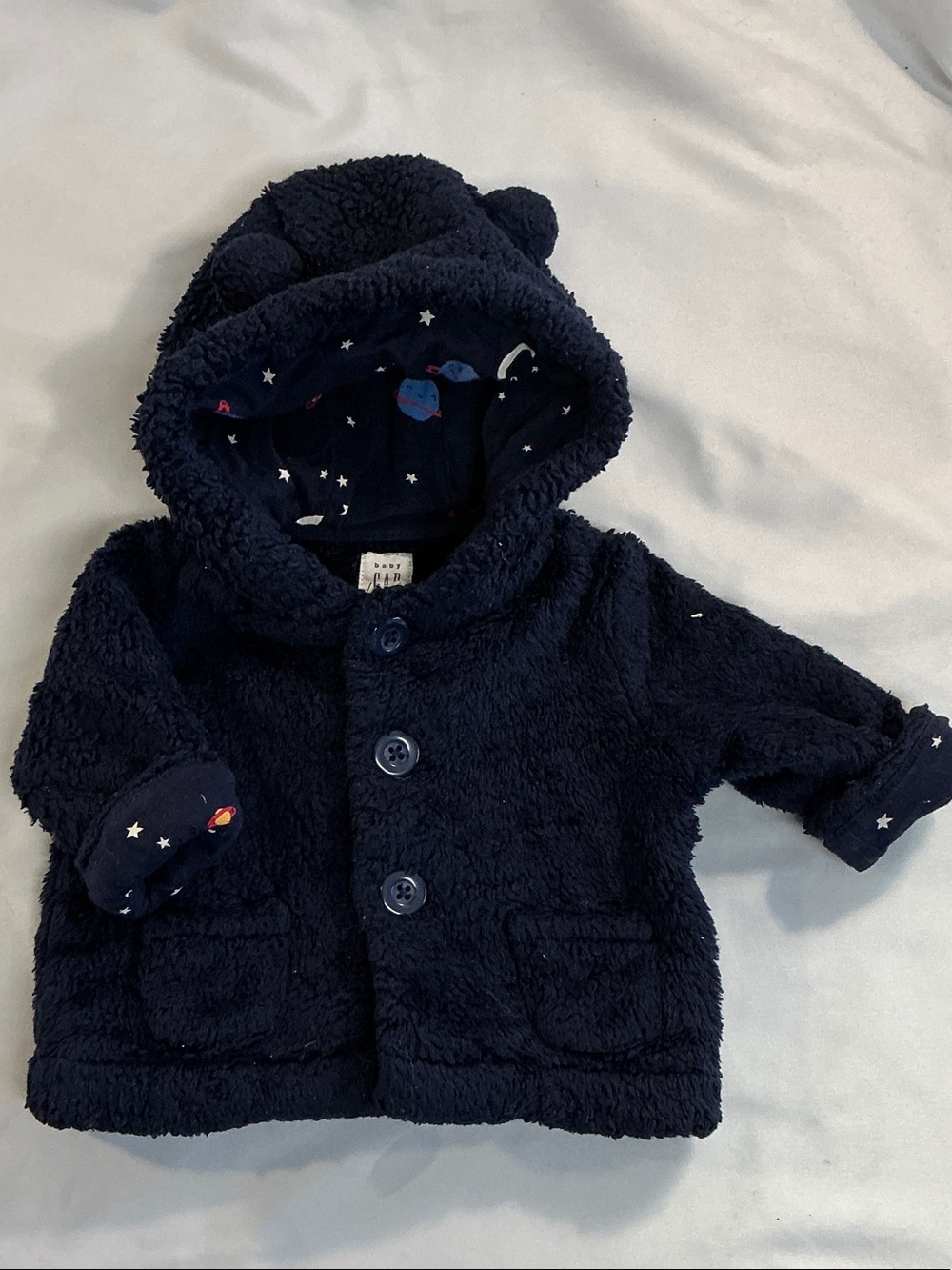 GAP Navy Plush Hooded Puffer Jacket with Space Print Lining